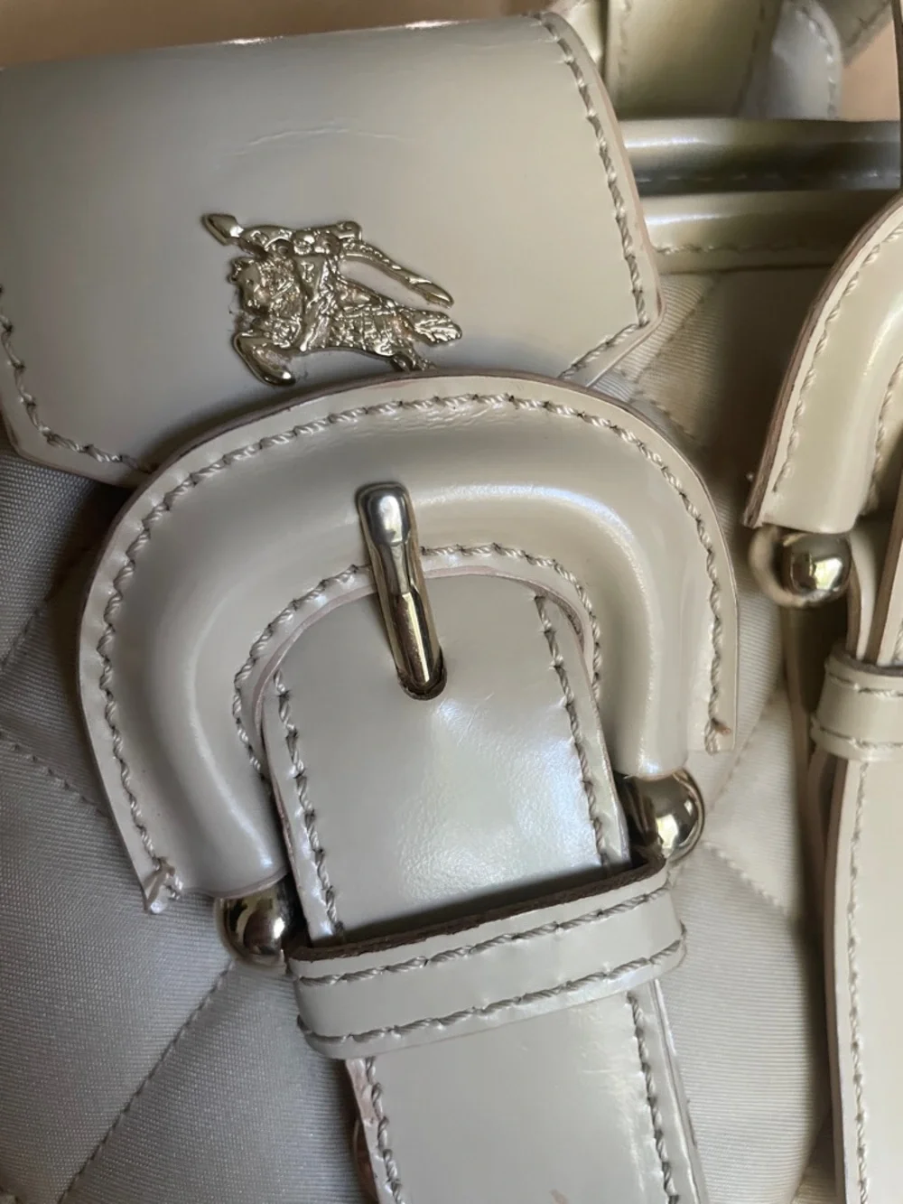 Burberry Cream Quilted Satchel with Buckle Strap Details